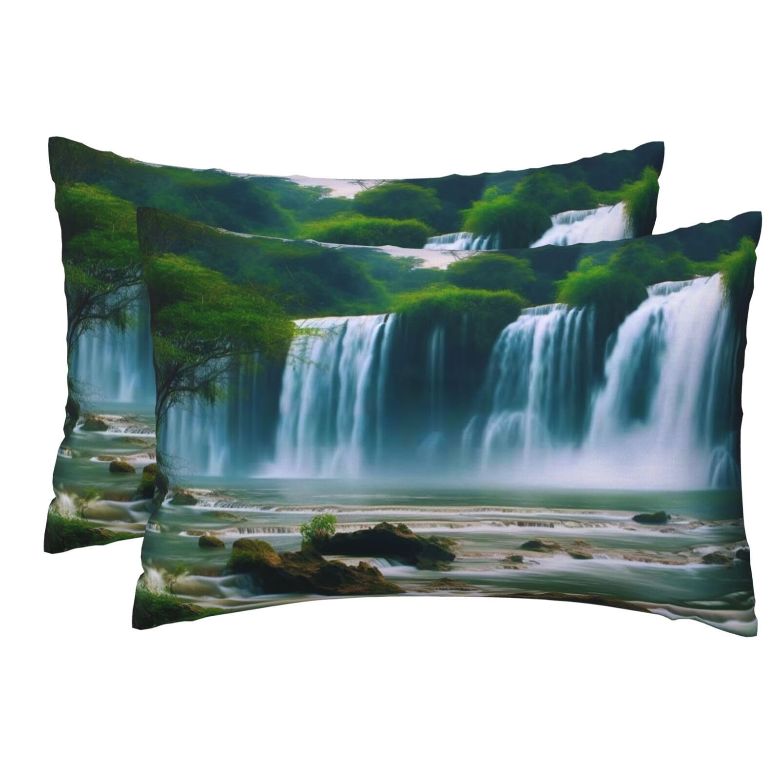 2 Pack Pillow Cases with Hidden Zipper, Soft Breathable Pillow Covers for Hair and Skin, Waterfall Scenery Pillowcases 12"x18" Bed Pillow Protectors Cover for Sleeping Gifts