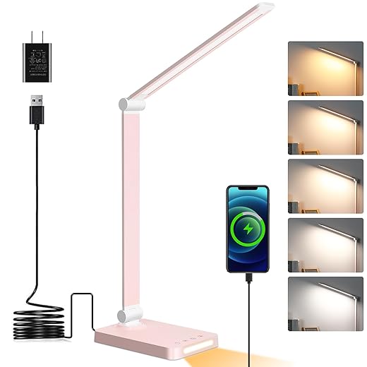 LED Desk Lamp with USB Ports,Touch Desk Lamps for Home Office with 5 Color Modes,3 Brightness Desk Light with Small Night Light,Reading Lamp Table Lamp for Bedroom Bedside Study Pink （with adapter）