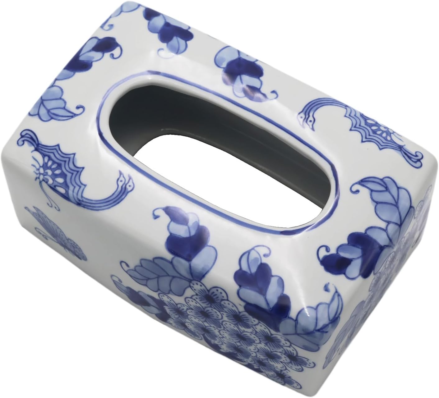 Aimusego Chinoiserie Ceramic Rectangular Tissue Box Cover Holder, Durable Eco Friendly Decorative Tissue Box Case Organizer Holder for Vanity Toilet Dresser Table Countertop，Blue and White B