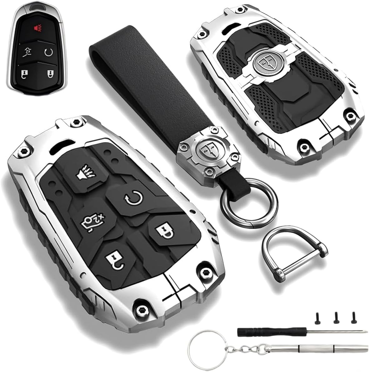 Heavy Duty Key Fob Cover for Cadillac Smart Remote – Zinc Alloy Key Case & Keychain Compatible with 2014–2023 Cadillac CTS SRX XT5 ATS XTS Escalade CT6(Silver, Modle A)