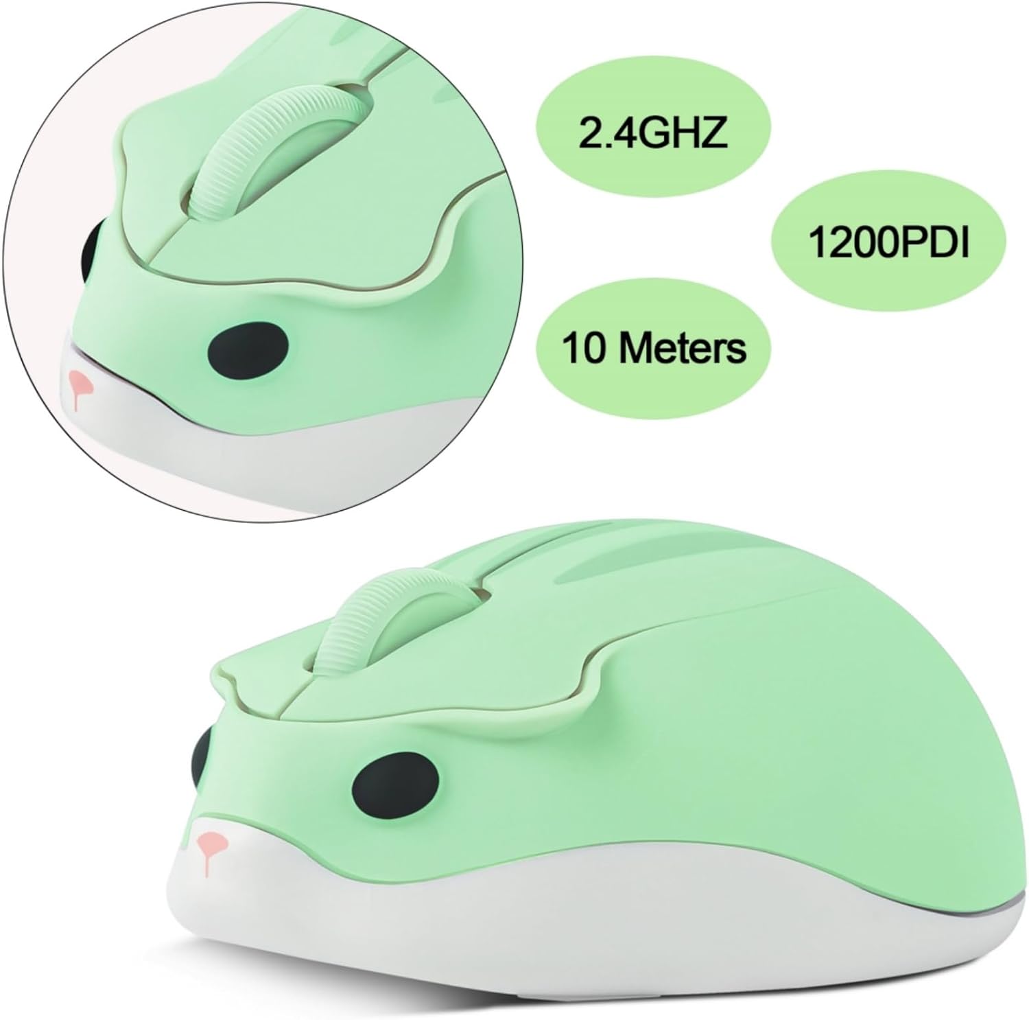 Wireless Mouse Cute Cartoon Hamster Shape Mini Silent Click Ergonomic Design 2.4G USB Portable Cordless Mouse 1200 DPI Small Mice for Notebook/MacBook/PC/Laptop/Computer for Kids Girl Gift（Green）