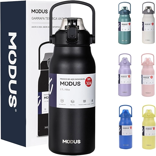 Garrafa Térmica 1700ml - Duplamente Isolada a Vácuo, Canudo e Base Emborrachada Anti Derrapante, Mantém Bebidas Quentes por 12 Horas e Geladas por 24 Horas (Preto)