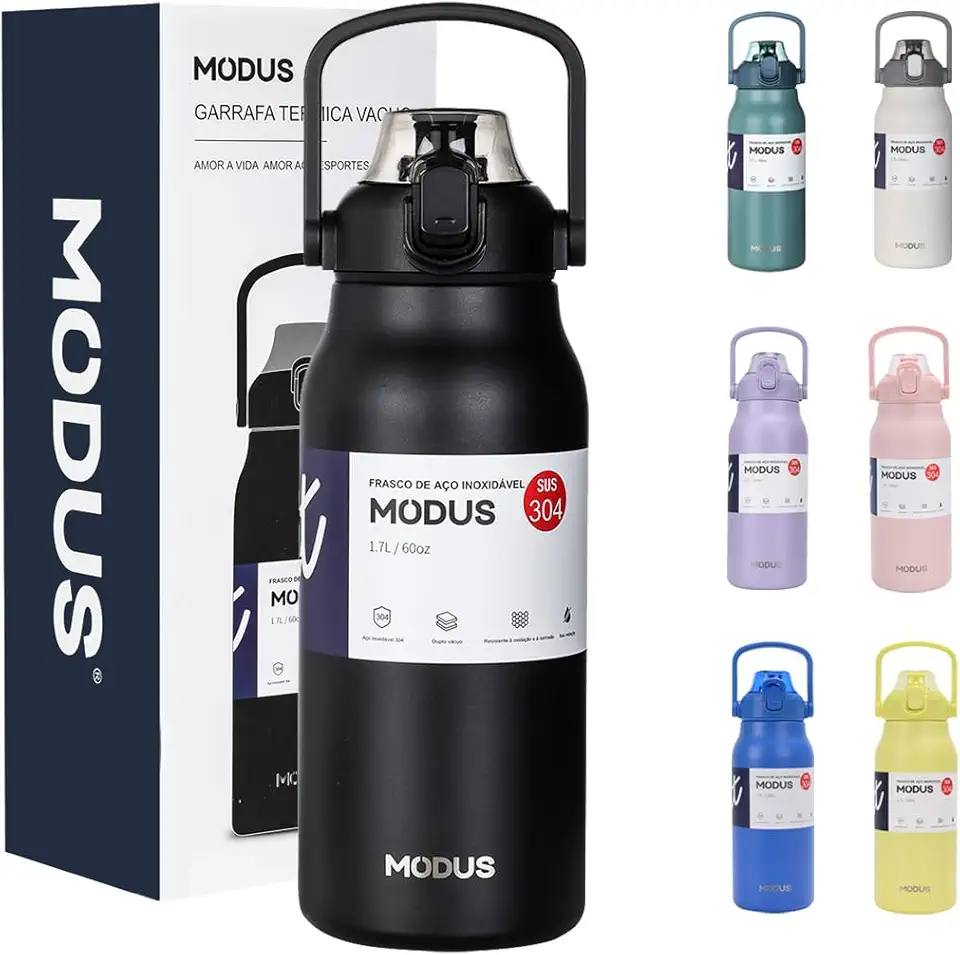 Garrafa Térmica 1700ml - Duplamente Isolada a Vácuo, Canudo e Base Emborrachada Anti Derrapante, Mantém Bebidas Quentes por 12 Horas e Geladas por 24 Horas (Preto)