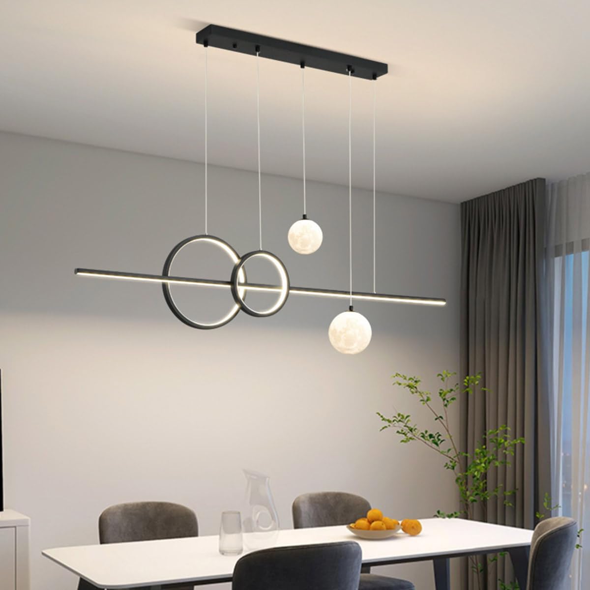 Led Dimmable Pendant Lamp Dining Table, Modern Dining Room Pendant Lamp, with Remote Control, Pendant Lamp Linear Design Kitchen Lamp Dining Table Lamp Office Living Room Ceiling Lamp (Black)