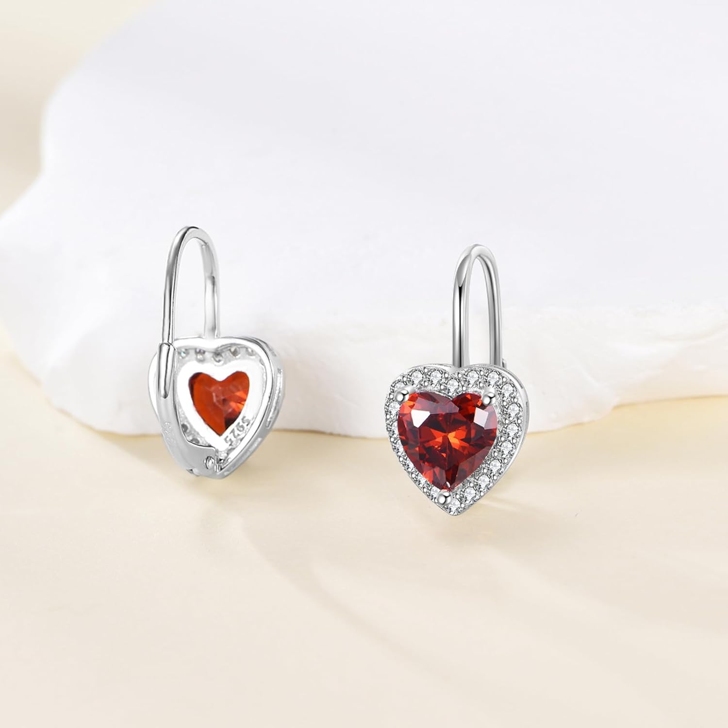 Heart Halo Earrings 925 Sterling Silver Hypoallergenic Classic Heart Cut CZ Leverback Birthstone Earrings Jewelry Gifts for Women - Image 3