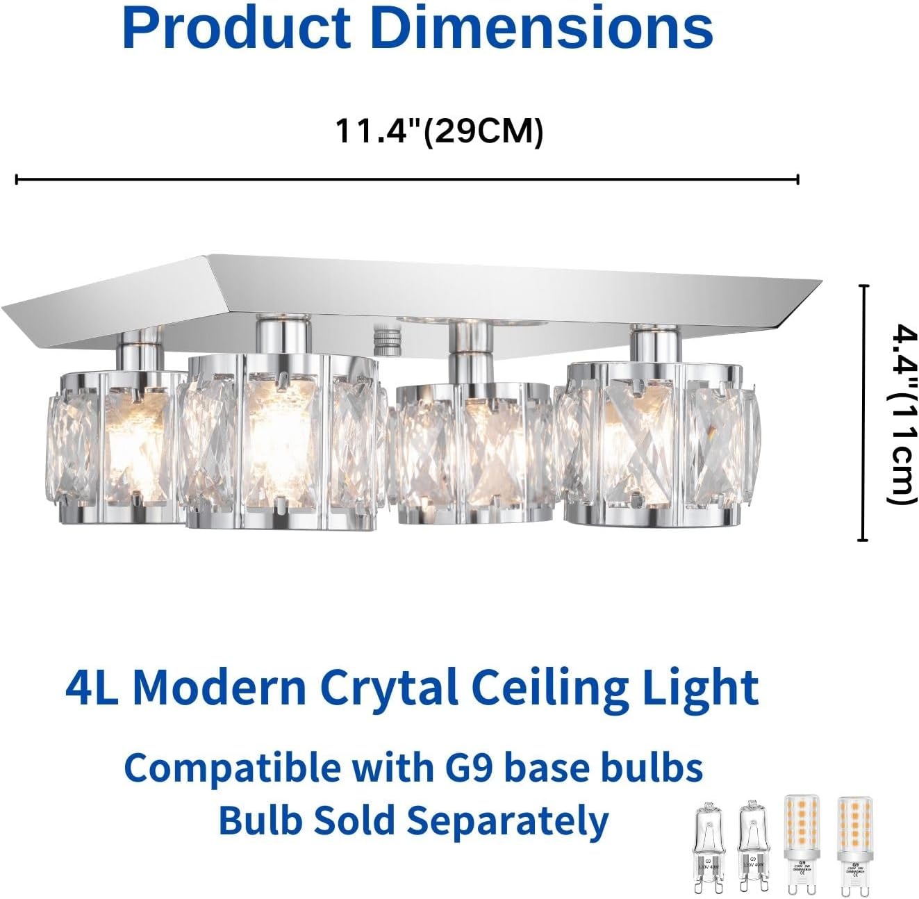 Luxury K9 Crystal Ceiling Light with Square Metal Canopy Chrome Finish, 4-Light Elegant Flush Mount Modern Chandelier for Living Room, Bedroom, Kitchen, Bathroom G9 Base Bulb Not Included