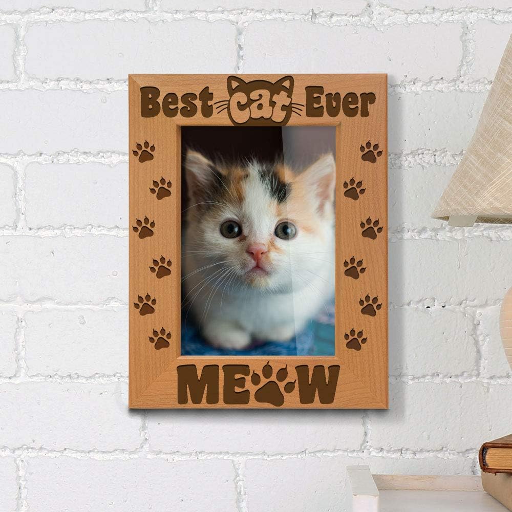 KATE POSH Best Cat Paws Photo Frame - Engraved Natural Wood Meow Frame, (4x6-Vertical)