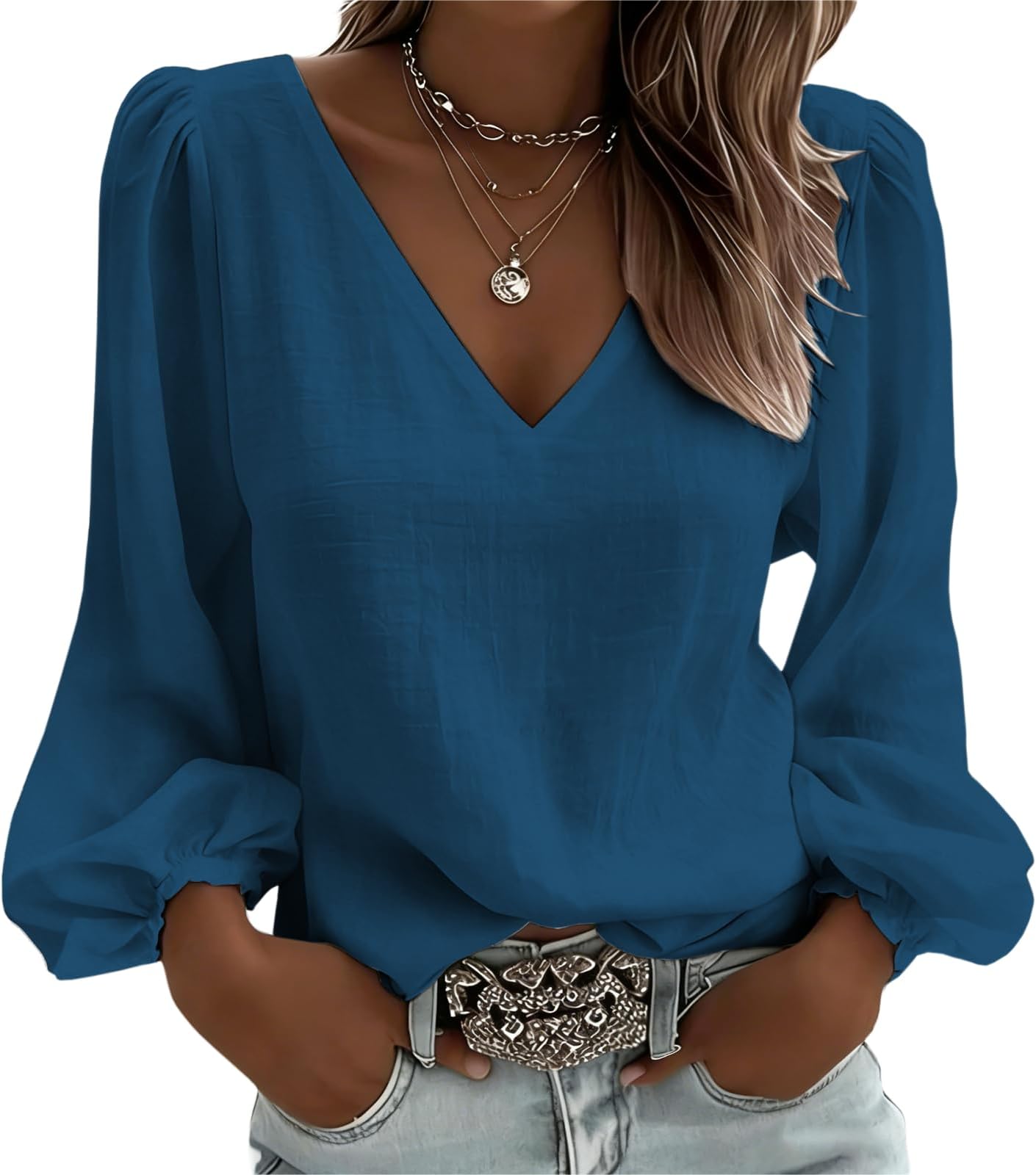 Womens Casual V Neck Shirts Loose Fit Blouses Basic Solid Color Long Sleeve Boho Flowy Tops