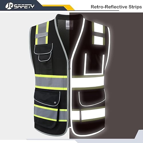 Miniatura 3 de JKSafety Chaleco de seguridad negro de alta visibilidad con 9 bolsillos para hombres y mujeres, construcción reflectante, tela de malla de alta