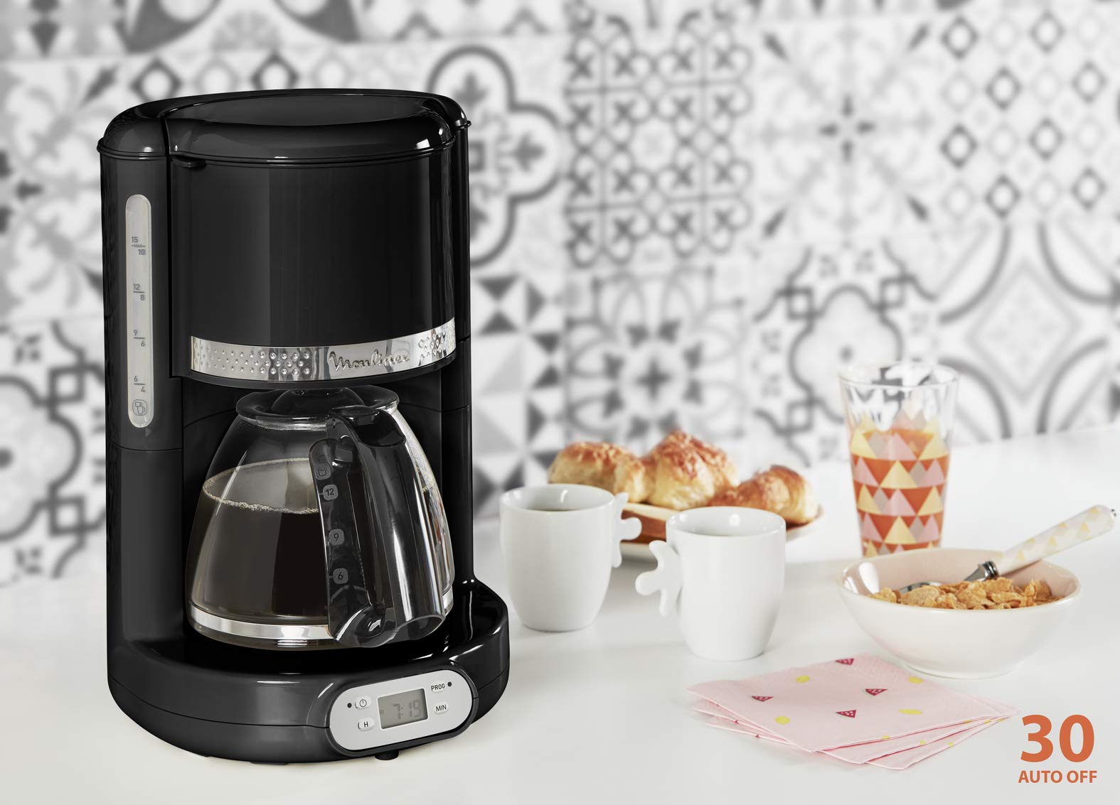 Moulinex Caffettiera filtro programmabile 24 ore, design nero vintage, capacità 1,25 l, 10-15 tazze, supporto filtro girevole, mantenimento caldo 30 min, Caraffa vetro, Sole FG380B10