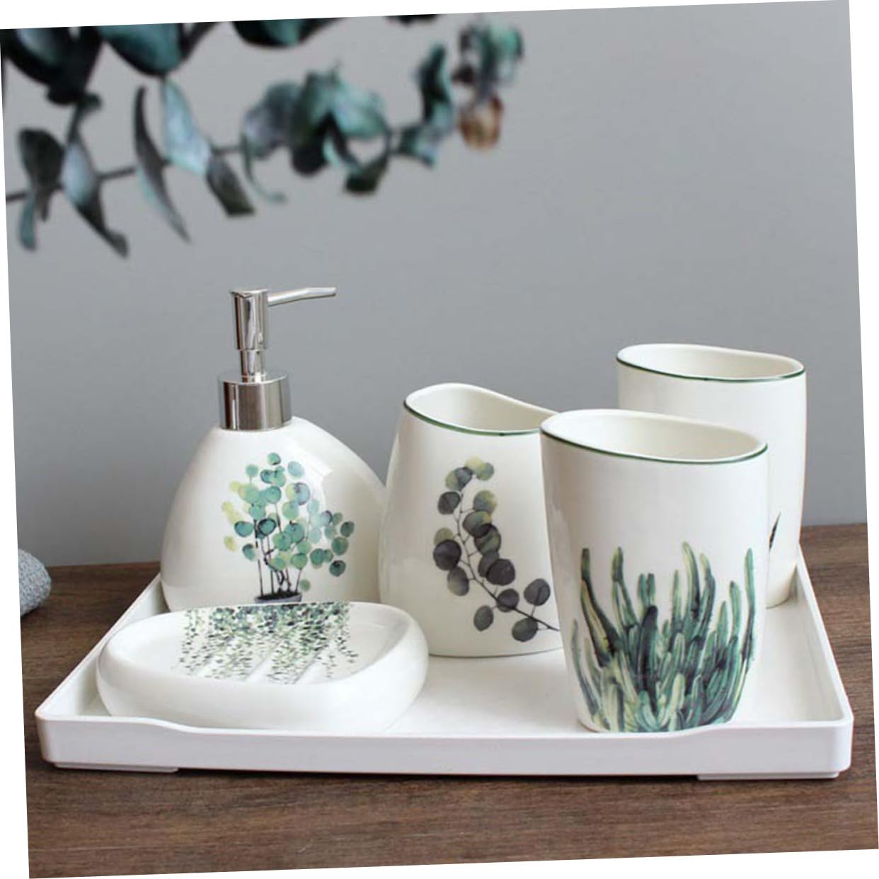 NUOBESTY Set Di 5 Accessori Bagno in Ceramica, Tazza Per Lavarsi i Denti e Portasapone, Contenitore Per Spazzolino Compatto, Superficie Liscia Facile Da Pulire, Per Organizzazione Bagno Quotidiana