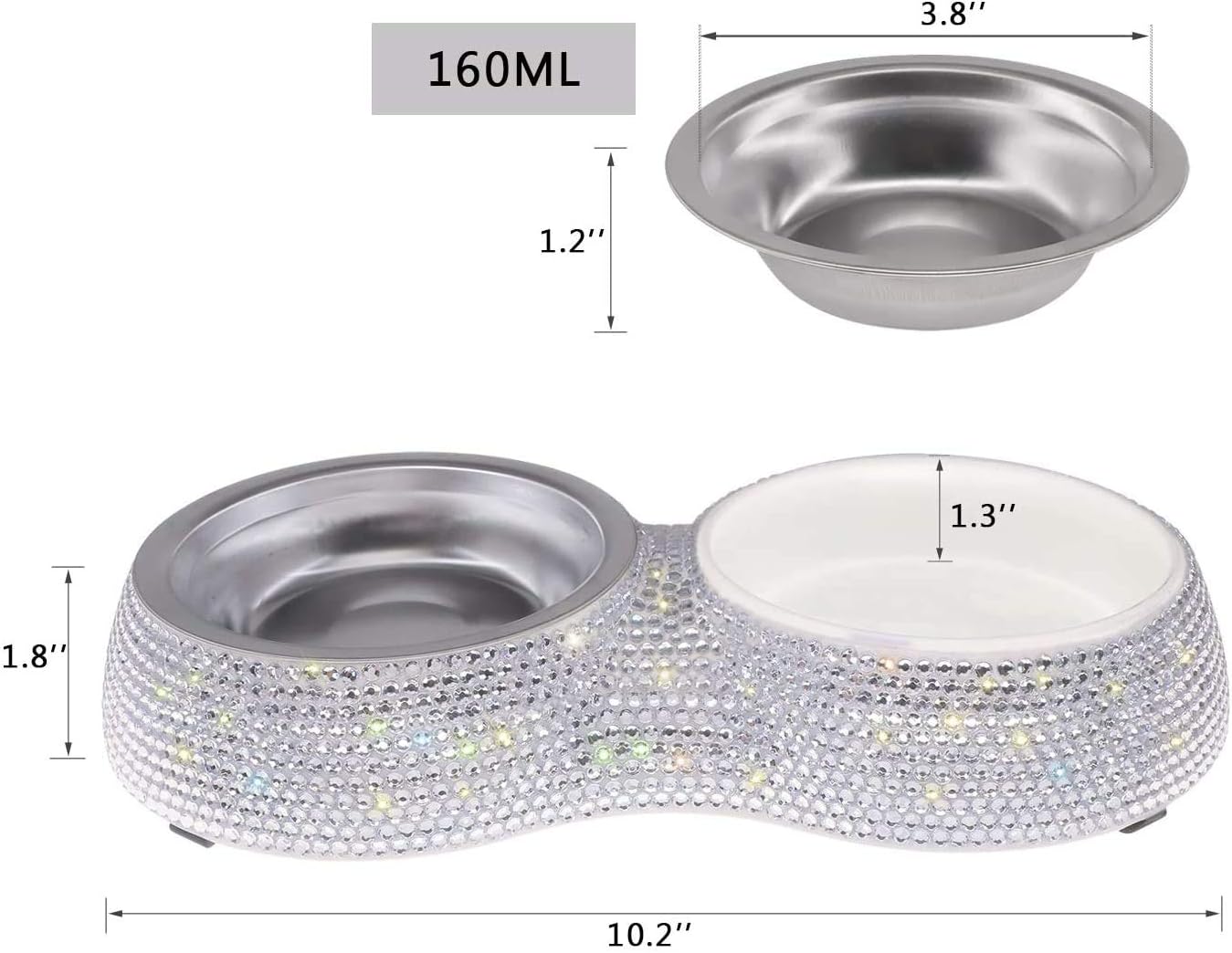 SAVORI Small Dog Bowls, Handmade Bling Rhinestones Stainless Steel Pet Bowls Double Food Water Feeder for Puppy Cats Dogs Cats (Silver-320ml)