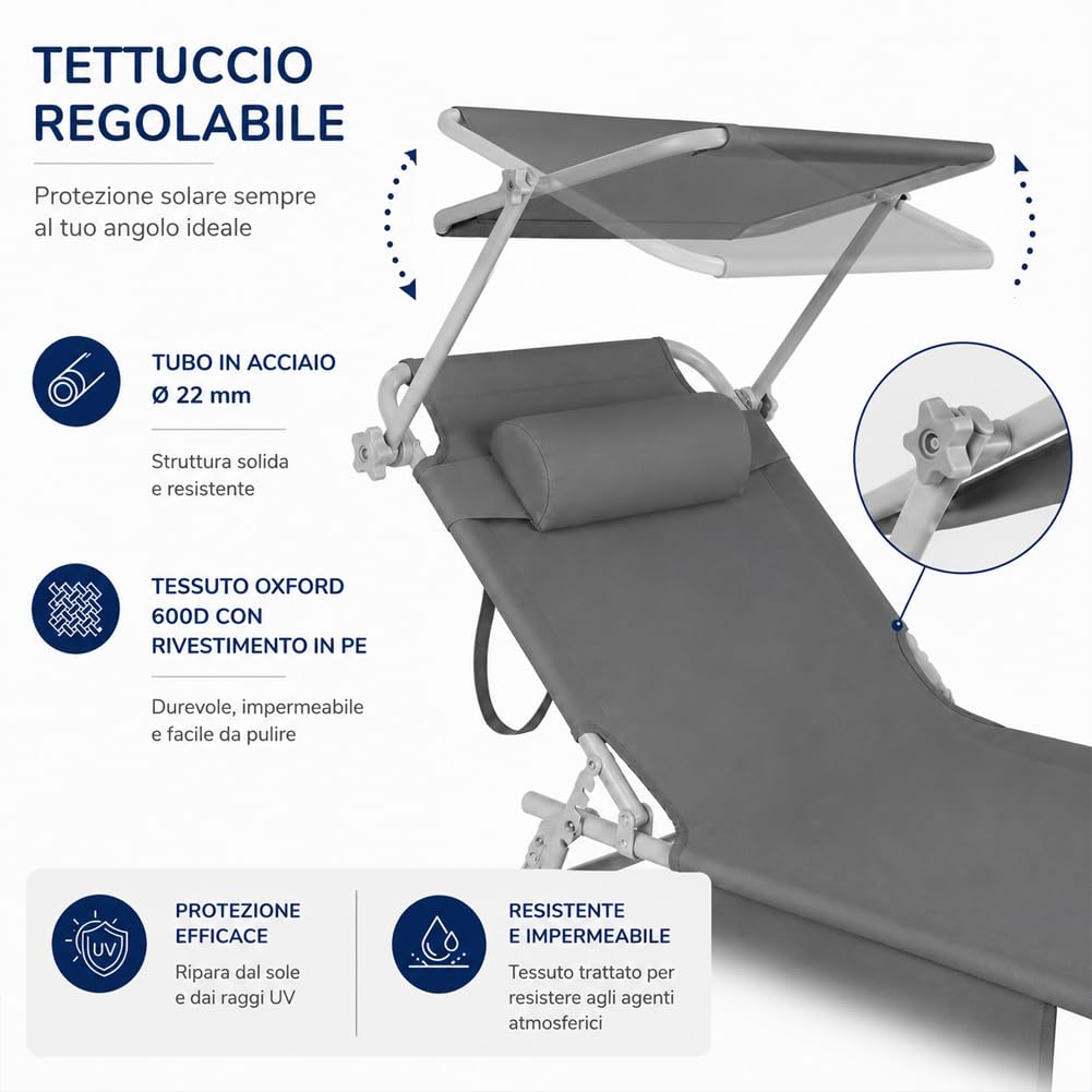 BAKAJI Set 2 Lettini Pieghevoli da Spiaggia per Esterno, Sdraio da Mare con Parasole Reclinabile e Cuscino Ergonomico, Struttura Salvaspazio e Tasca Portaoggetti, Rivestimento Traspirante (Grigio)