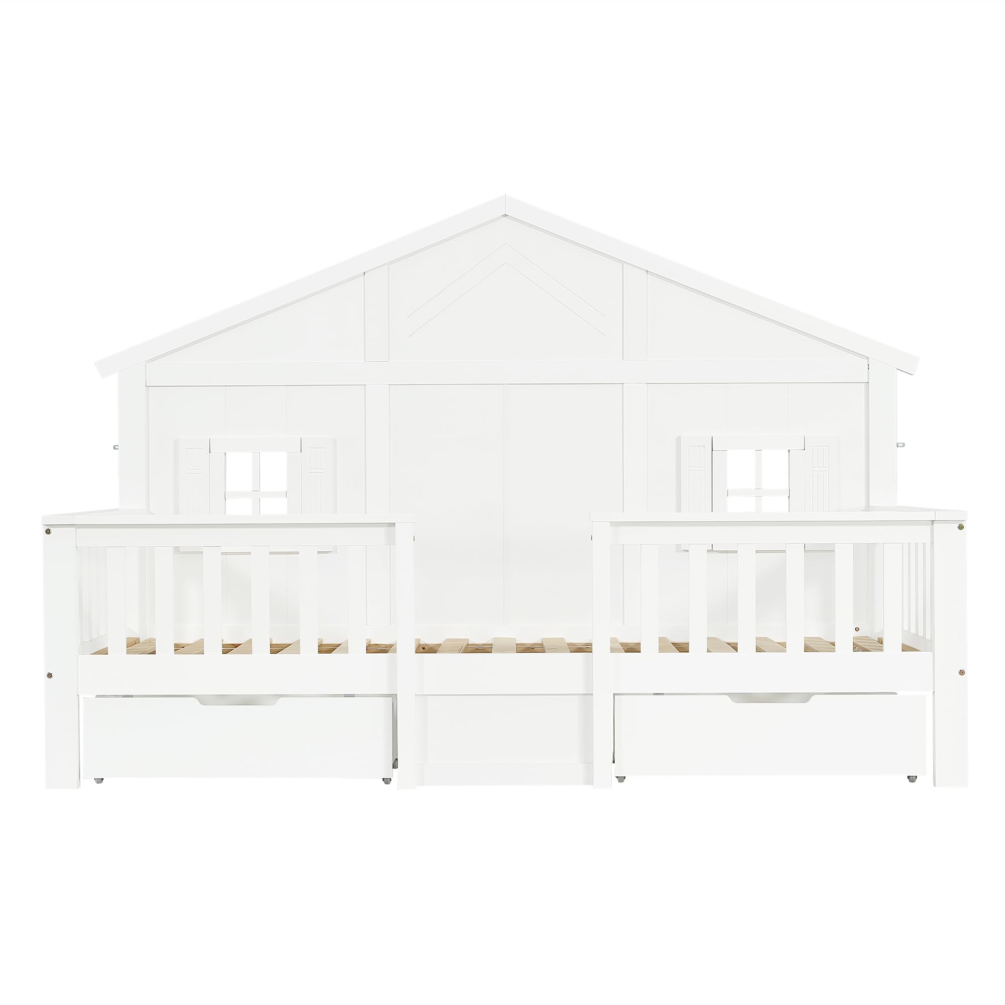 Kinderbett Hausbett 90x200, Montessori Bett Holzbett mit Rausfallschutz&Lattenrost, Einzelbett mit 2 Schubladen&Fenster&Dach, Gitterbett Jugendbett Bettgestell Spielbett, Kiefer, Ohne Matratze, Weiß