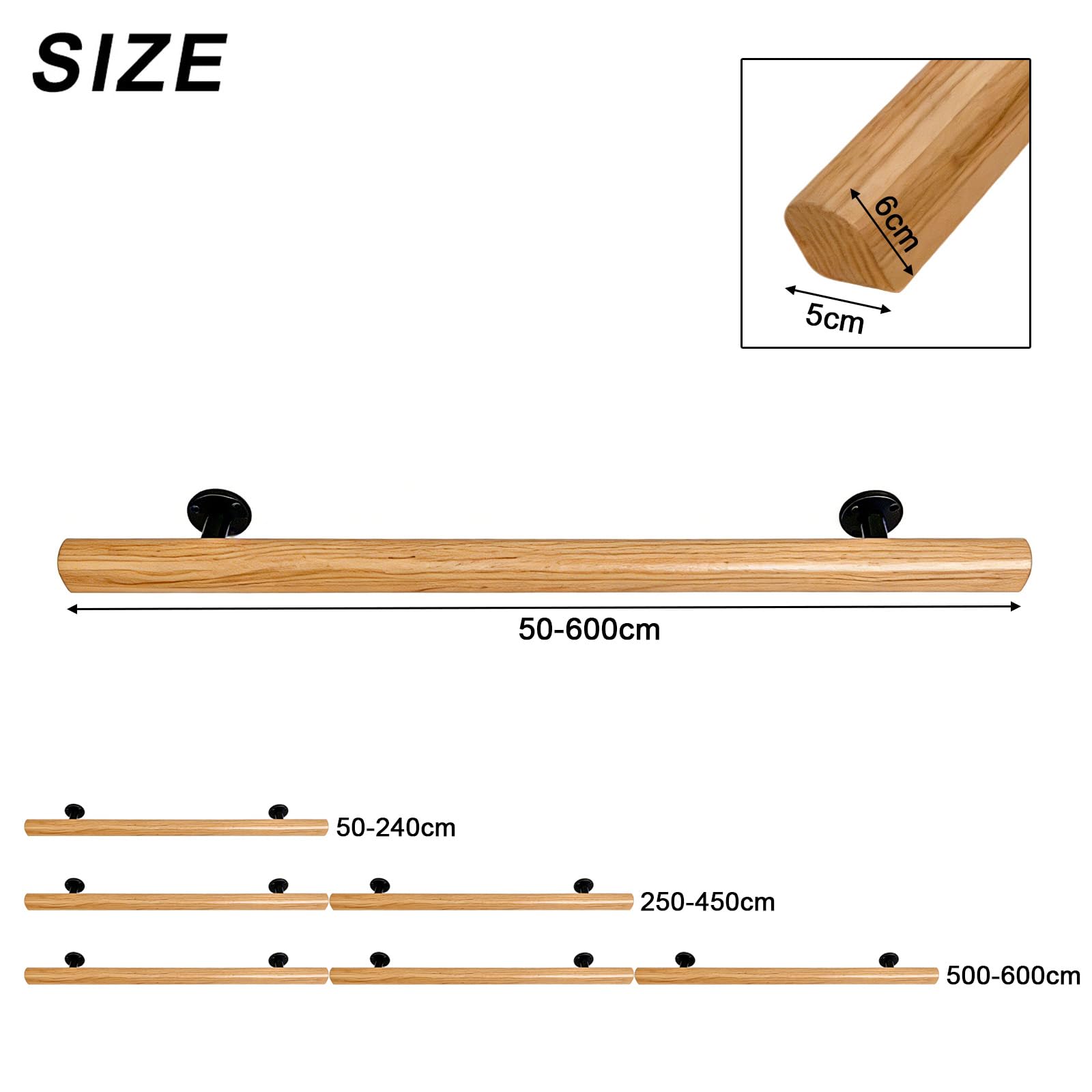 Pasamanos De Madera Para Escalera Interior, Barandilla Antideslizante De 50-600 Cm, Montada En La Pared Con Soporte De Metal Para Lofts De Jardín De Casa
