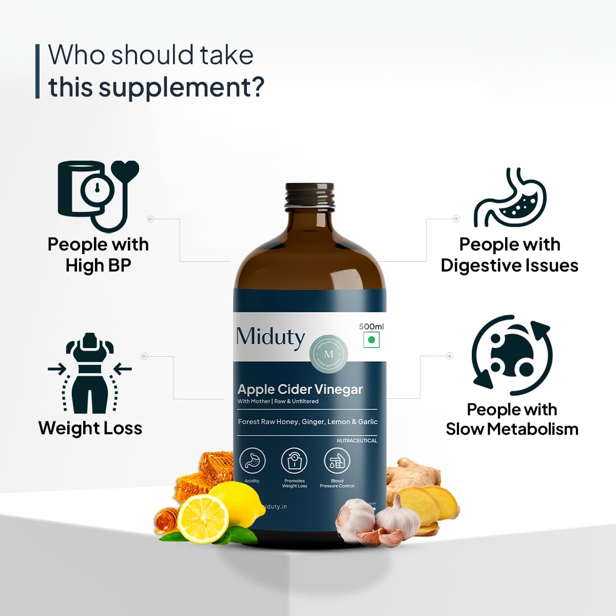 Miduty Raw & Unfiltered Apple Cider Vinegar - Forest Raw Honey - Lemon - Ginger - Garlic - Enriched with Minerals - Promotes Weight Loss - from Himalayan Apples - Glass Bottle - 500 ml - Image 6 thumbnail