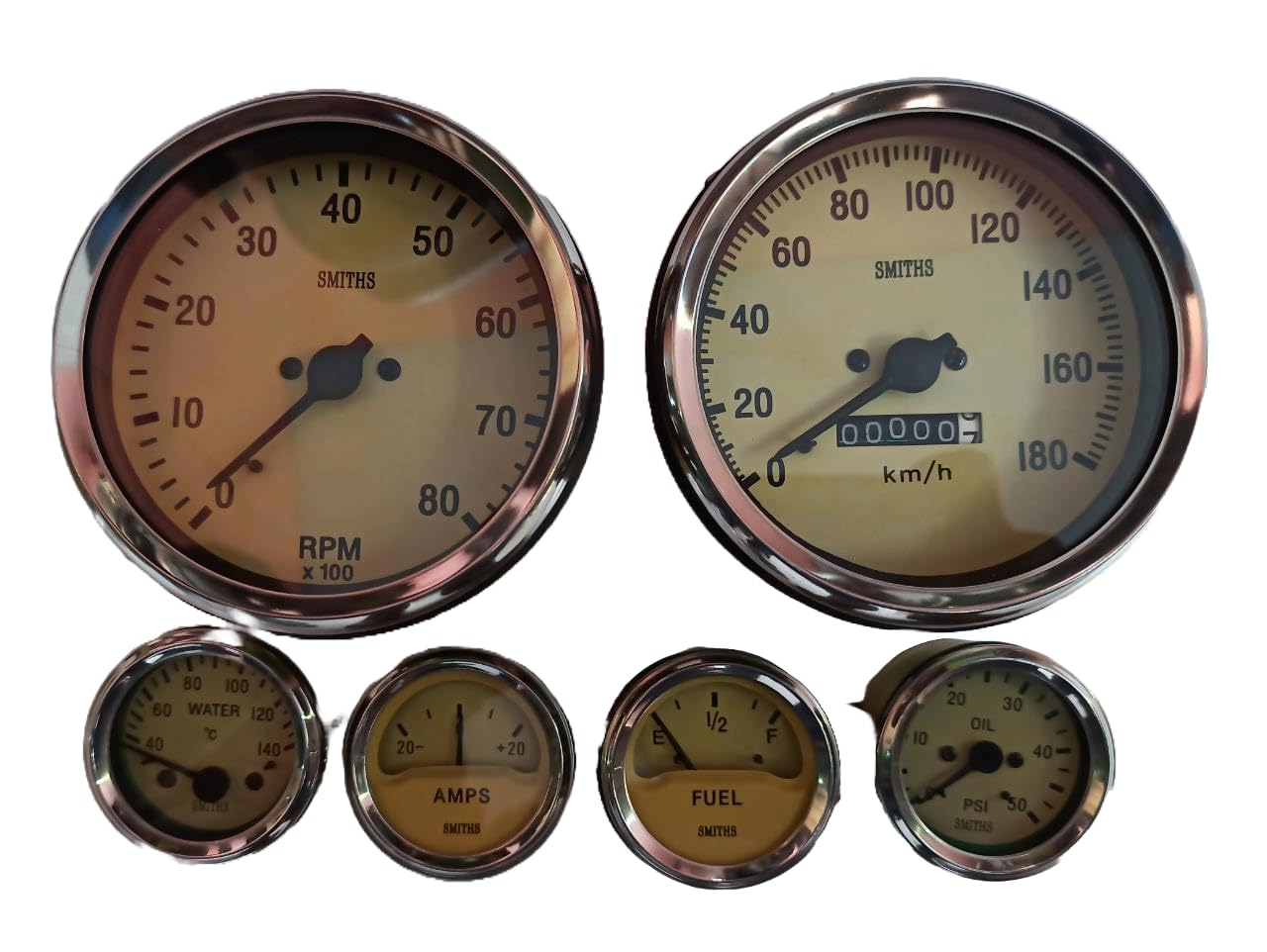 Gauges Set Mechanical Smiths Type 100 mm clockwise Speedo kmph + clockwise tacho + Elecrical Temp +Oil 50psi + amp + Fuel Gauge 12 v Magnolia Chrome Bezel