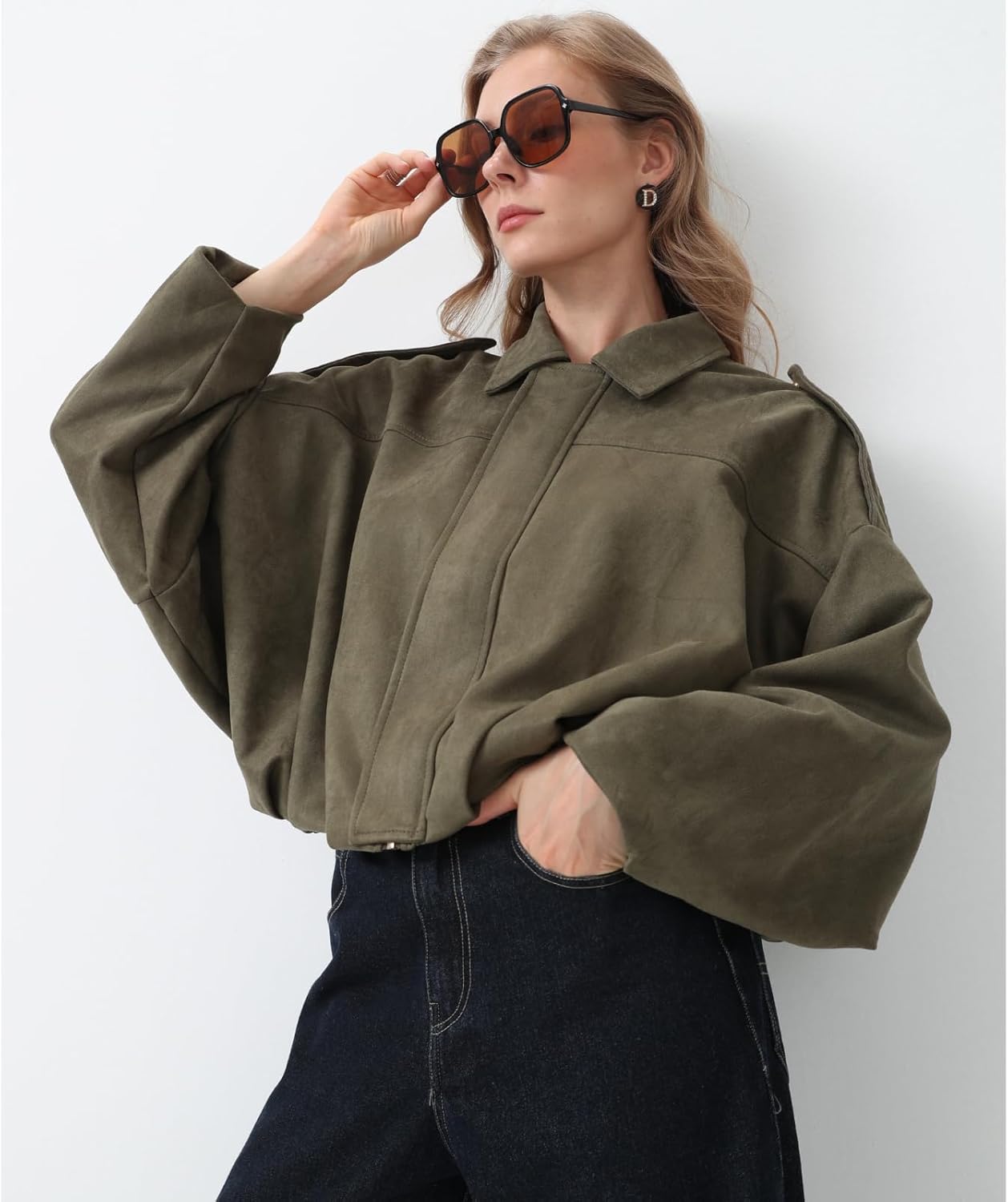Women’s Oversized Faux Suede Bomber Jacket, Cropped Barn Style Lapel Coat, Casual Streetwear for Fall Spring - Image 6