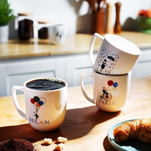 Miniatura 3 de Francois et Mimi Juego de 4 tazas de café de cerámica de cerámica con diseño de ciudades mundiales, 14 onzas