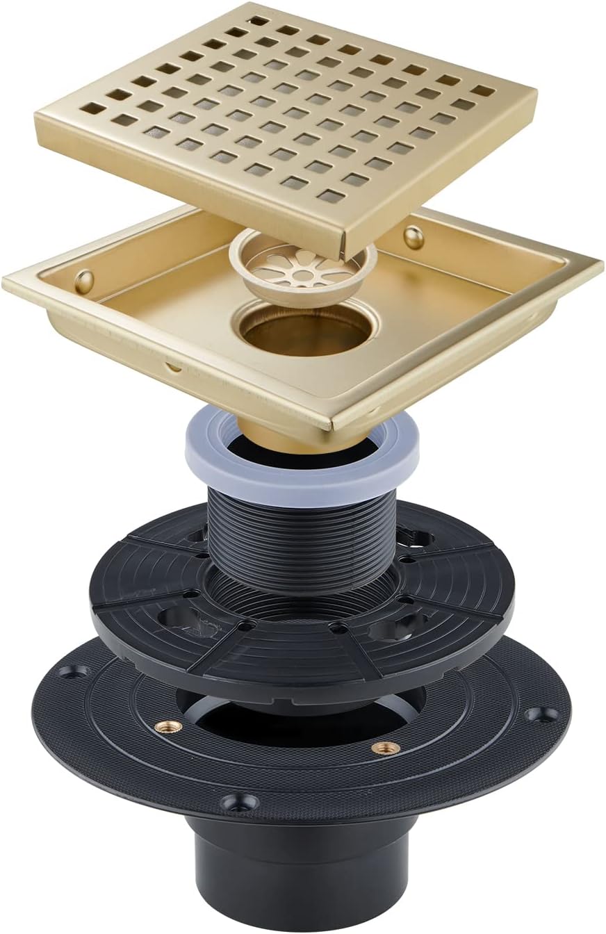 6 inch Square Shower Floor Drain Strainer with Flange, Grid Pattern Grate Removable, Hair Catcher, Premium SUS304 Stainless Steel, Drain Base Included, Brushed Gold