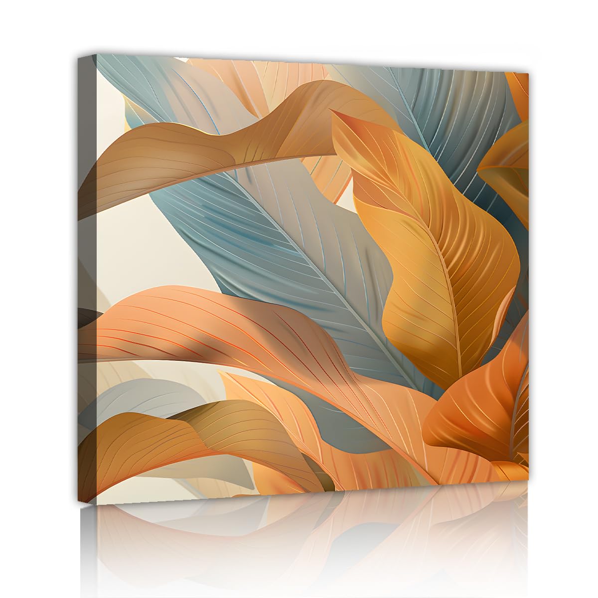 TOANGWALL Orange and Blue Wall Art Tropical Botanical Leaves Poster Painting Abstract Plant Picture Modern Canvas Artwork for Guest Bedroom Decor 30x30cm
