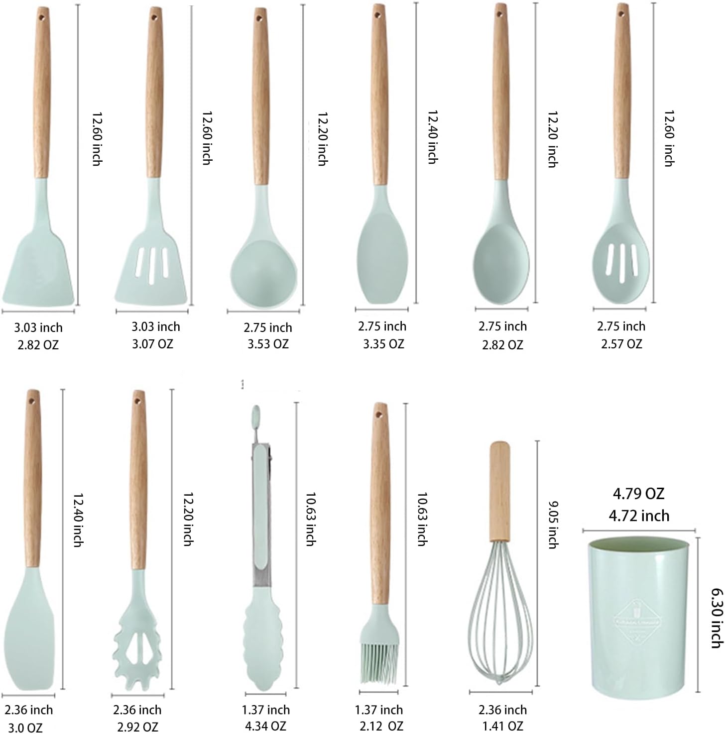 KSENDALO 12-Piece Silicone Kitchen Utensil Set with Holder - Wooden Handle, Heat Resistant Non-Stick Cooking Tools for Baking, Frying & Stirring (Aqua)