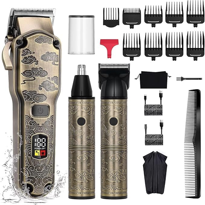 Hatteker Professional Hair Clipper Hair Trimmer Beard Trimmer Waterproof Hair Cutting Kit Barber Clipper Cordless Nose Trimmer Detail Trimmer