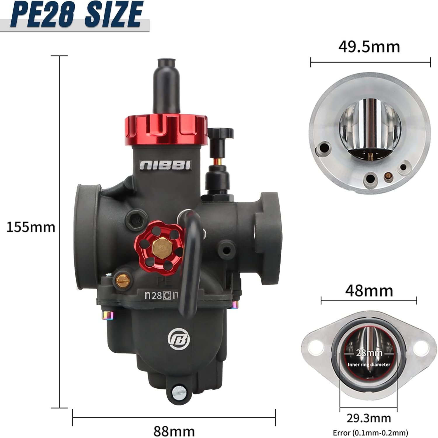 NIBBI Carburetor PE28mm, Fits 200cc-250cc Flange Motorcycle Engines, With Main Pilot jet, fits YAMAHA HONDA Apollo CG GY6 ATV Pit Dirt bike Taotao SUZUKI