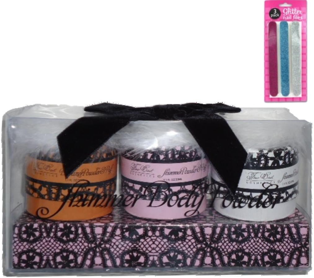 3-Pack Shimmer Body Glitter Powder Gift Set Plus Bonus Pack of Glitter Nail Files