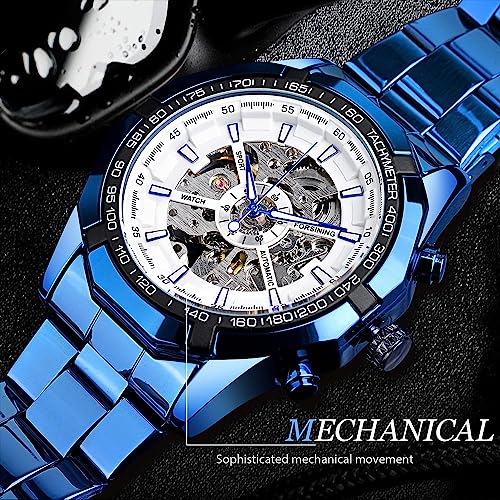 Image of FORSINING Men's Watch Self-wind Skeleton Hollow Out Mechanical Automatic Luxury Watches, Blue Black Stainless Steel Band Waterproof Wristwatch