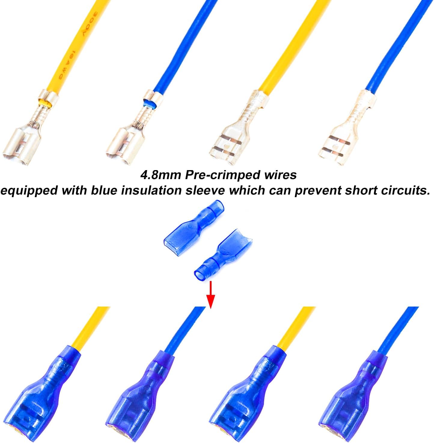 4.8MM Female Quick Disconnects Insulated Spade Receptacle Connector, 18AWG Red/Black/Yellow/White/Blue Pre-Crimped Cable Length of 10/30/50/100CM Wire Pack of 5pcs (Spade 4.8F-50CM)