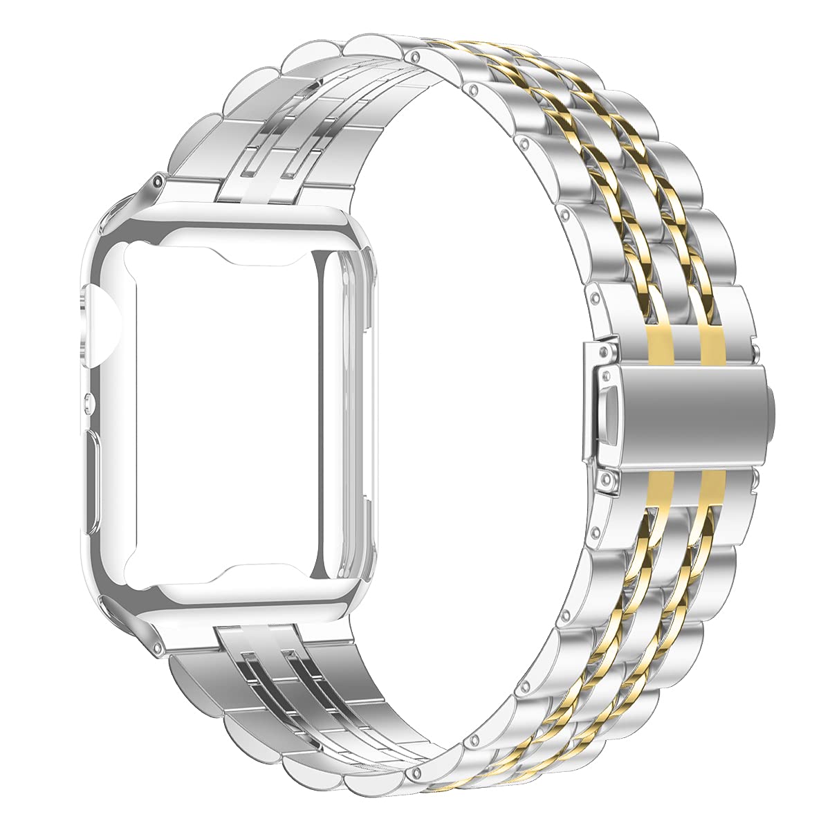 Wolait Compatible with Apple Watch Band 40mm with Case,Upgraded Stainless Steel Metal Business Band with Screen Protector for iWatch Series 6/SE Series 5/4/3/2/1?Silver/Gold Band + Silver Case