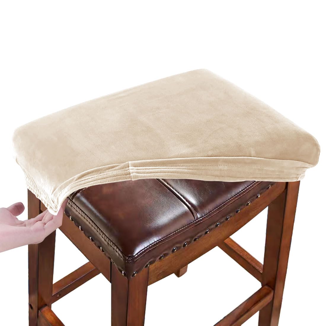 RHYII Stool Covers Rectangular Velvet Set of 2, Vanity Stool Covers Stretch Washable Saddle Bar Stool Slipcover Bench Seat Protector with Elastic Bands Light Camel