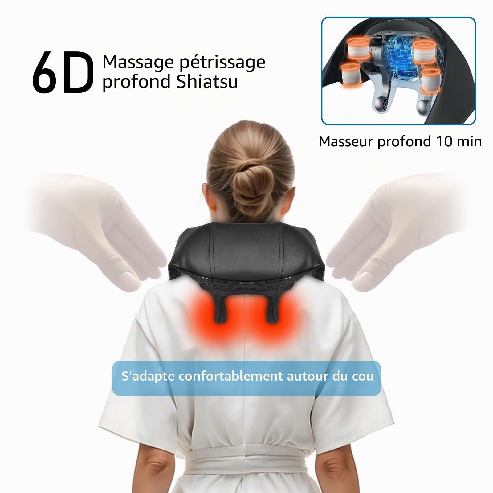 BIBIRE Masseur pour tissus profonds du cou et des épaules : masseur Shiatsu sans fil avec 6 nœuds de pétrissage et fonction de chaleur. Idéal pour soulager les douleurs au cou, au dos et aux jambes
