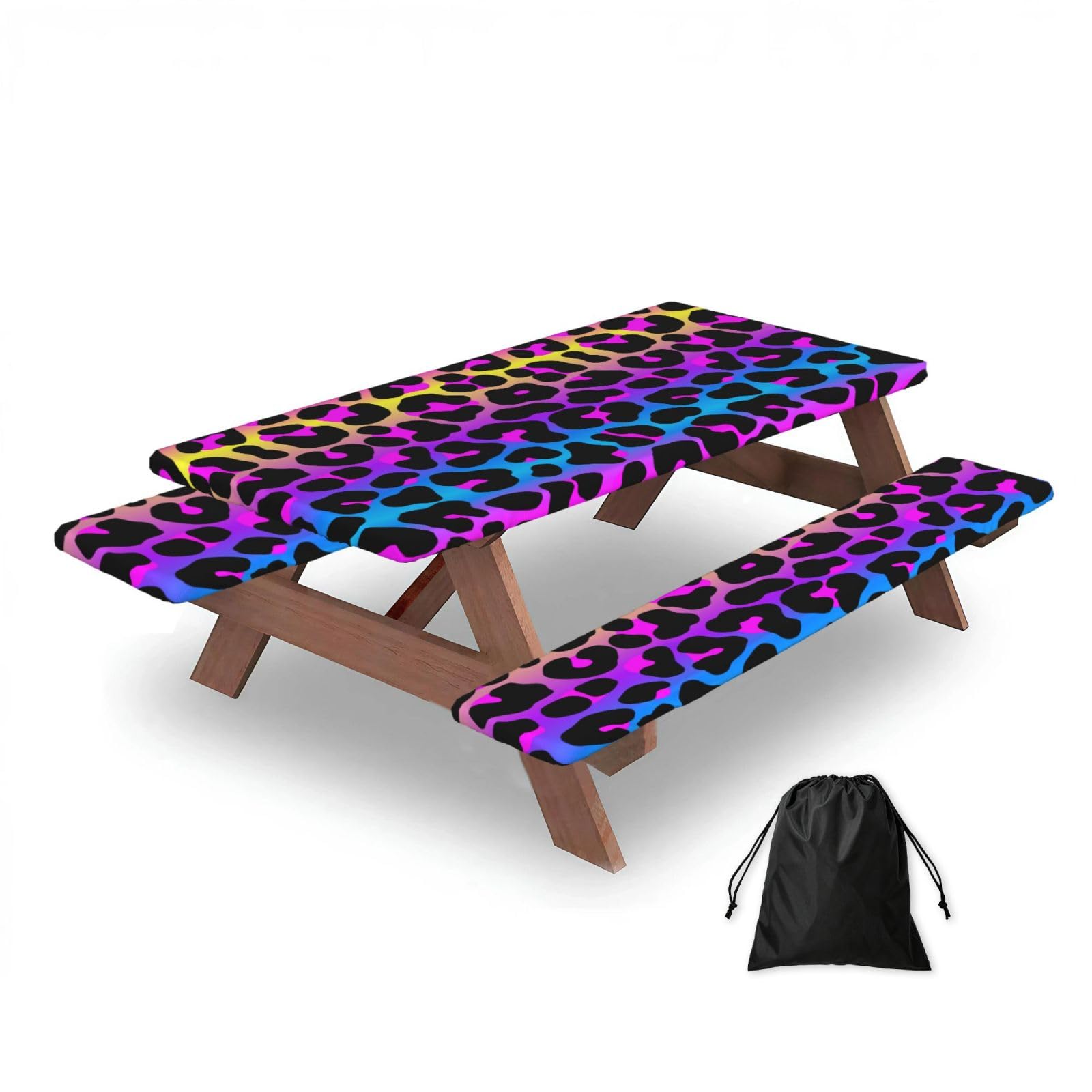 Dopklna As Picture Neon Leopard Print, Picnic Table Cover With Bench Covers -Waterproof Elastic Fitted Tablecloth For Garden Camping Patio 76X152cm
