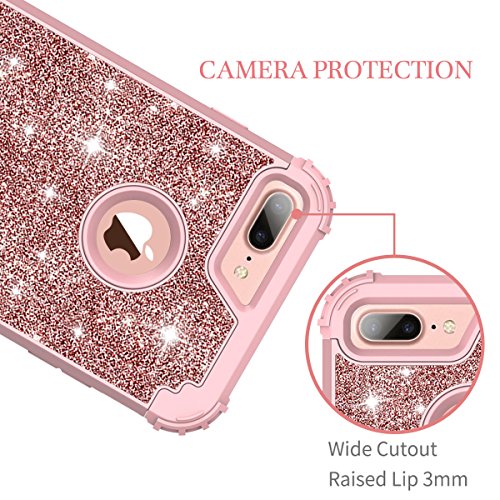 Lontect For Iphone 8 Plus Case, Iphone 7 Plus Case Glitter Sparkle Bling Heavy Duty Hybrid Sturdy High Impact Shockproof Protective Cover Case For Apple Iphone 8 Plus/Iphone 7 Plus, Shiny Rose Gold #TOP3