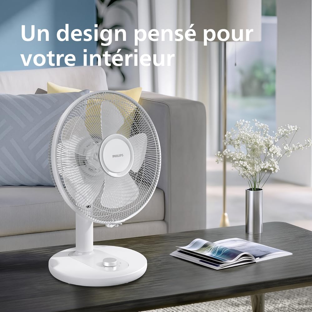 PHILIPS Série 1000 Ventilateur de Table – Flux d’air puissant et silencieux 35 dB – 3 vitesses réglables – Rotation et inclinaison ajustables – Design compact blanc (CX1030/00)