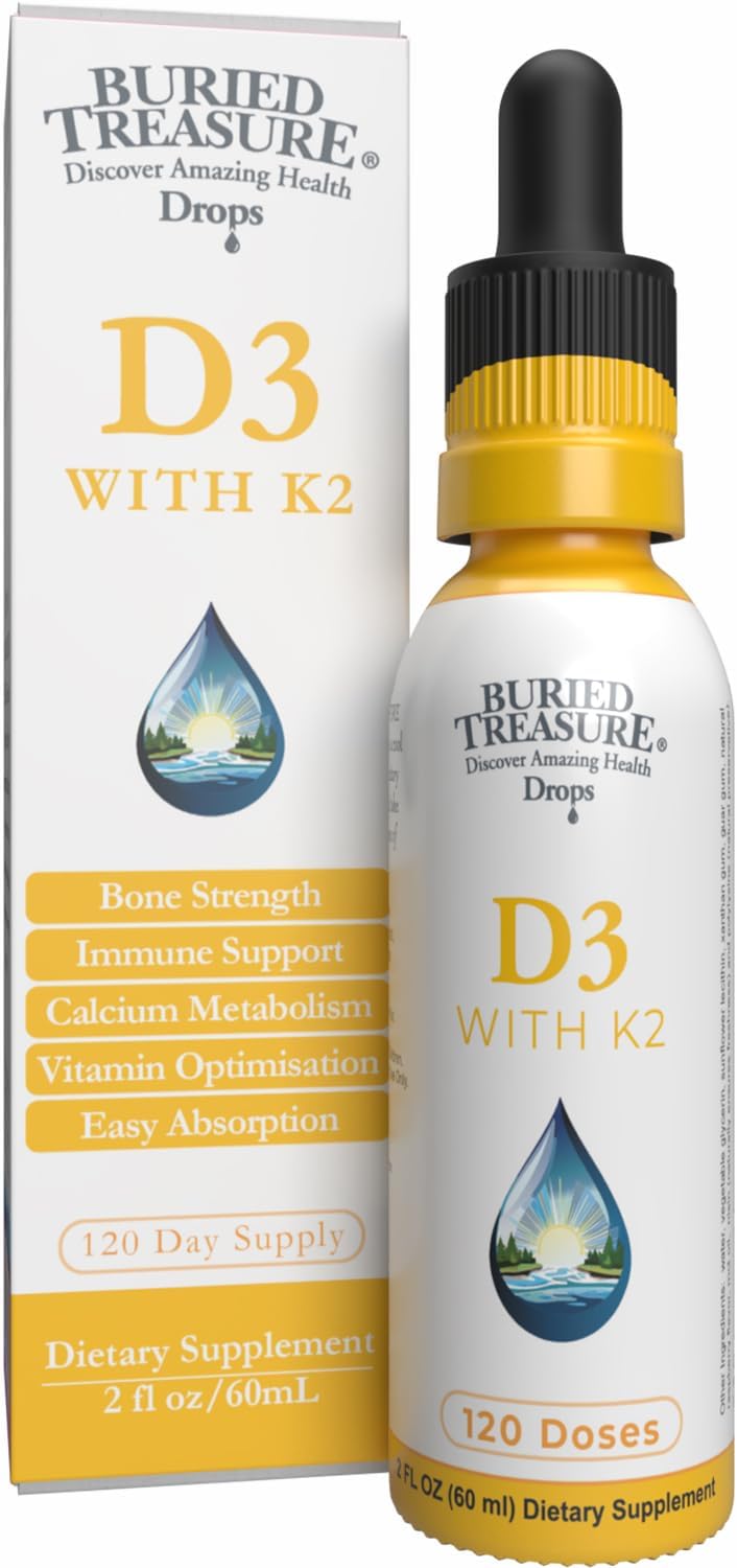 Buried Treasure Vitamin D3 & K2 Drops - 5000 IU D3 with 100 mcg K2, Sugar Free, 2 fl oz
