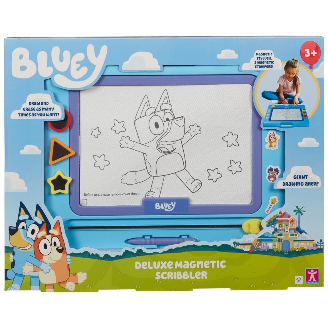 YKM'S Bluey Deluxe Magnetic Scribbler Kids Drawing Board Large Area Custom Stampers Stylus Erase Reusable Mess-Free Creative Toy Carry Handle Travel