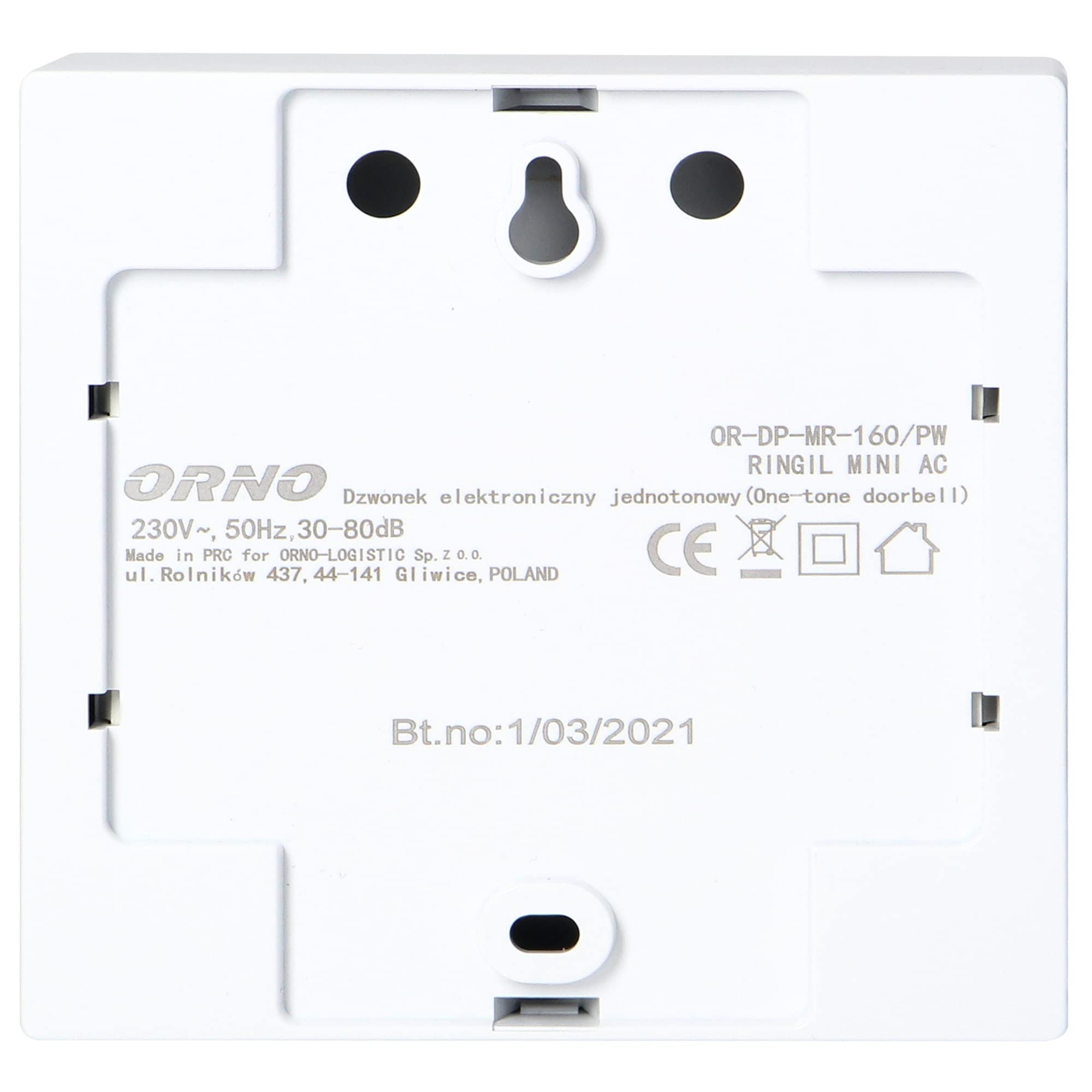ORNO RINGIL Mini AC dzwonek radiowy do użytku na zewnątrz, wodoszczelny, mechaniczny gong, dwukolorowy, 30-80 dB, biały, 230 V AC