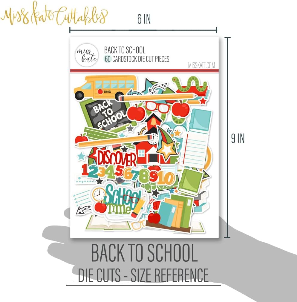 Die Cuts & Paper Set – Back to School – for Grade Preschool Kindergarten- 16 Single-Sided 12"x12" Sheets & Over 60 Coordinating Die Cuts - Scrapbook - by Miss Kate Cuttables