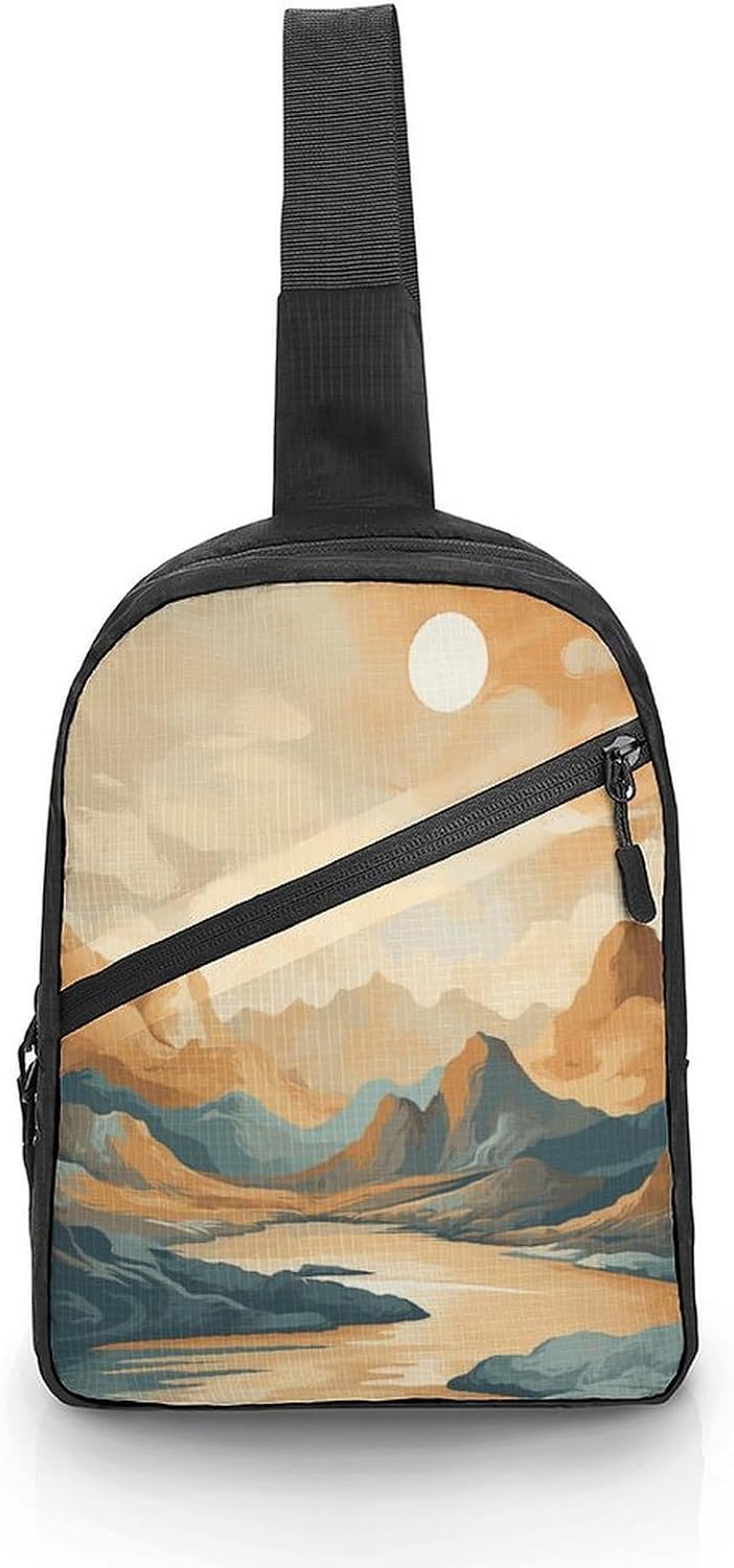 Beige Mountain Painting Crossbody Backpack Sling Bag