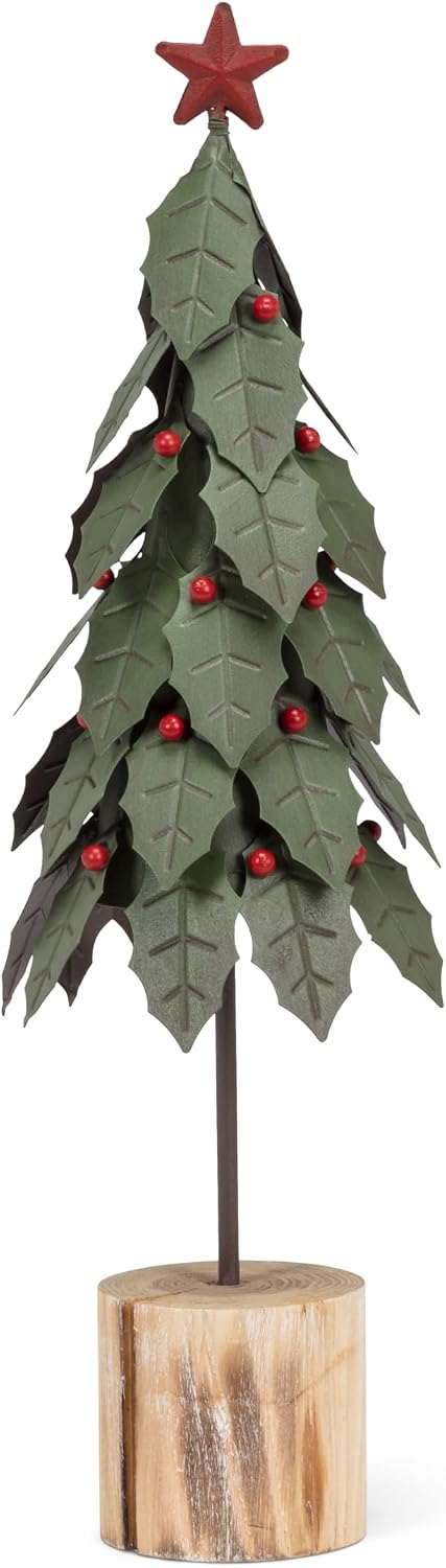 Abbott Collection Medium Holly Tree on Log Base Figurine | Metal/Wood, Green/Red, 14.5"H