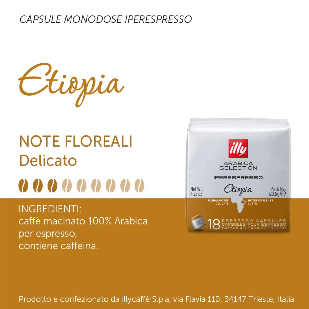 illy Café, selección de café arábica de lujo, cápsulas iperespresso, Etiopía, 6 unidades de 18 cápsulas