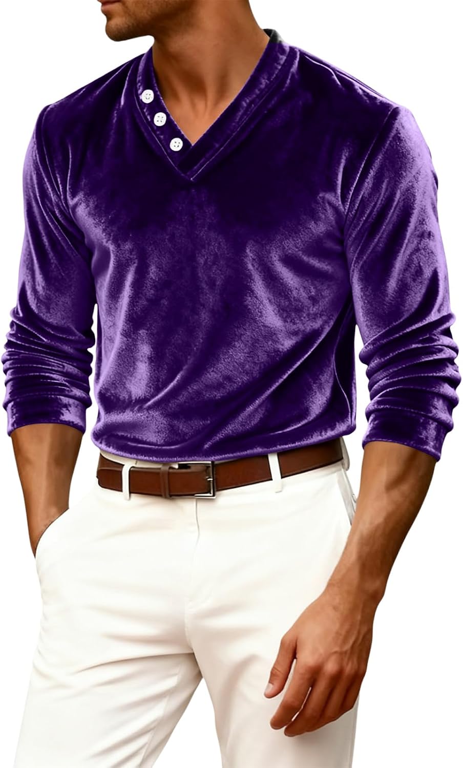 RTRDE Men's Long Sleeve V Neck Soft Casual Basic Wedding Prom Party Tops, S-2XL