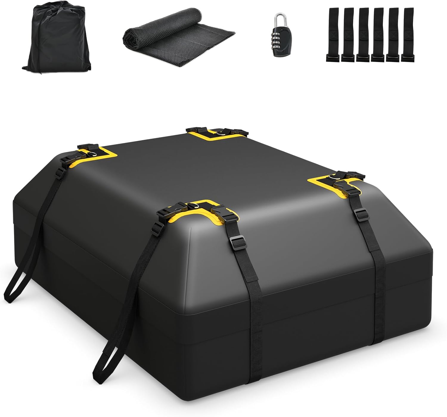 Goplus 15 Cu.Ft Roof Bag Cargo Carrier, Roof Top Luggage Bag for All Vehicles with/Without Roof Racks, Non-Slip Mat, Digital Lock, Waterproof Roof Bag for Various Cars w/6 Door Hooks (15 Cu.Ft)