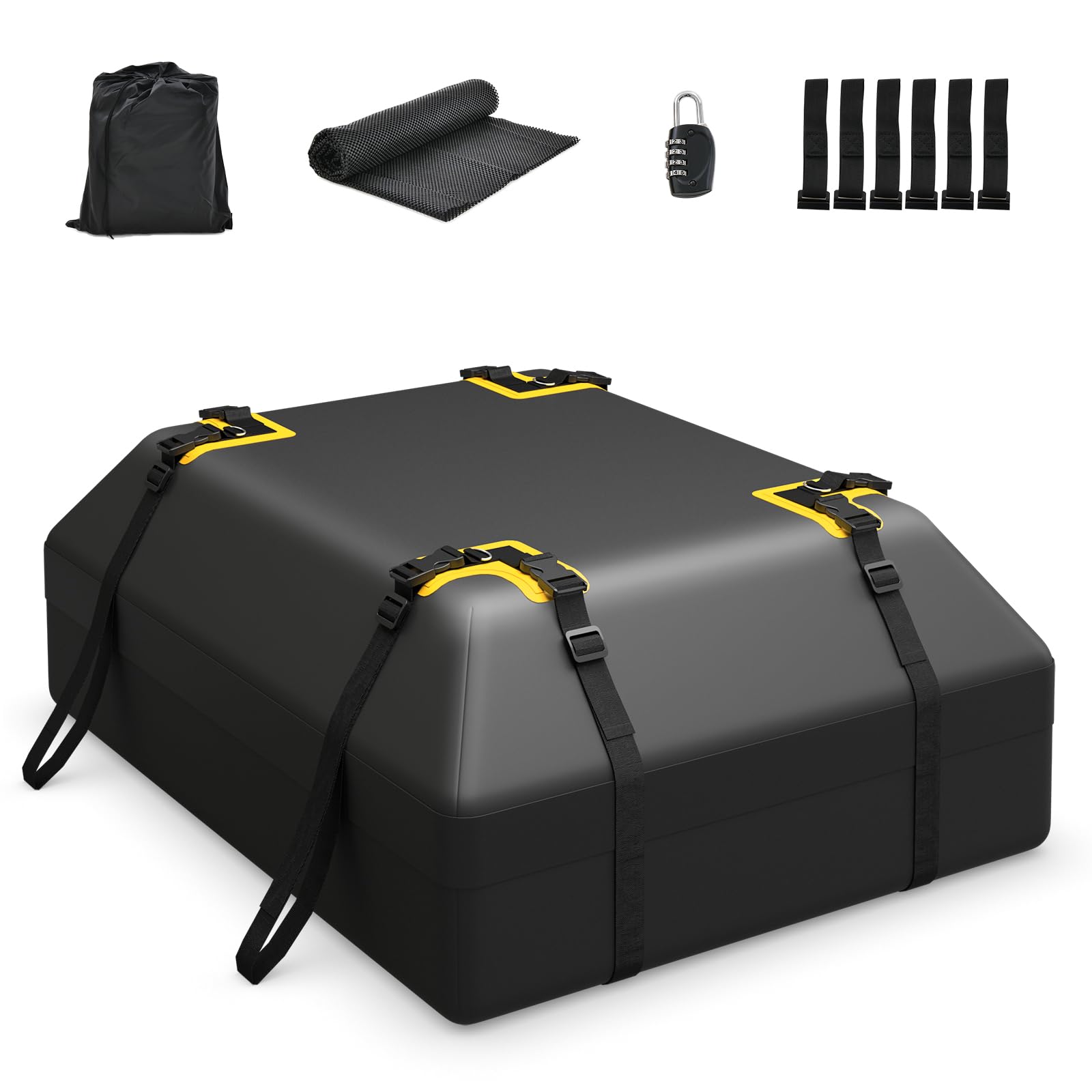 GYMAX 15/21 Piedi Cubi Box da Tetto per Auto, Borsa Tetto Impermeabile per Auto con/senza Portapacchi, Box Bagagli con Tappetino Antiscivolo & 6 Ganci Porta (83 × 112 × 43 cm)