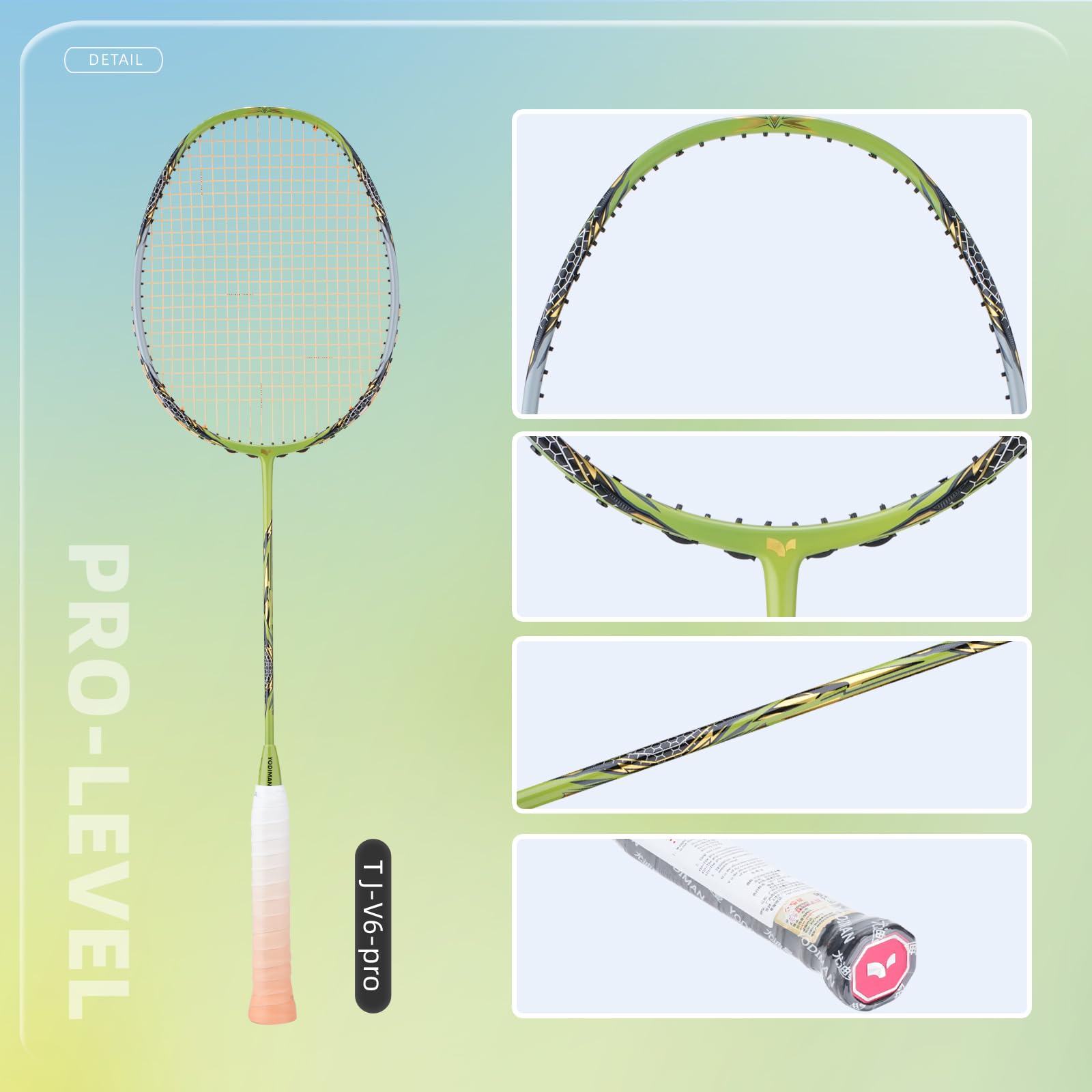 YODIMAN Raquette de Badminton Pro Ultra-Légère, Cadre 1200T Carbone (35 lbs), Tige M55J Graphite, Cordon 0,68mm – Competition