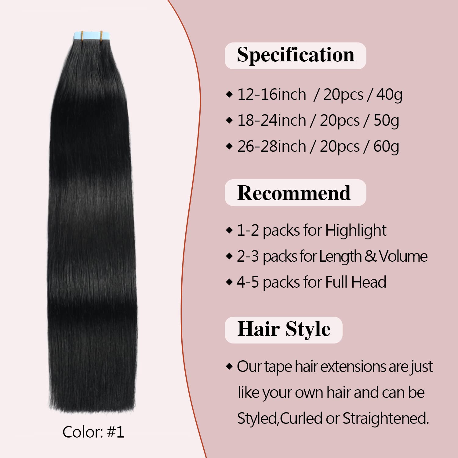 Sunya Tape in Hair Extensions Real Human Hair Jet Black 28 Inch Tape Hair Extensions Semaless Invisible Remy Tape Hair Extension Natural Straight Hair 50g 20pcs/Pack - Image 2