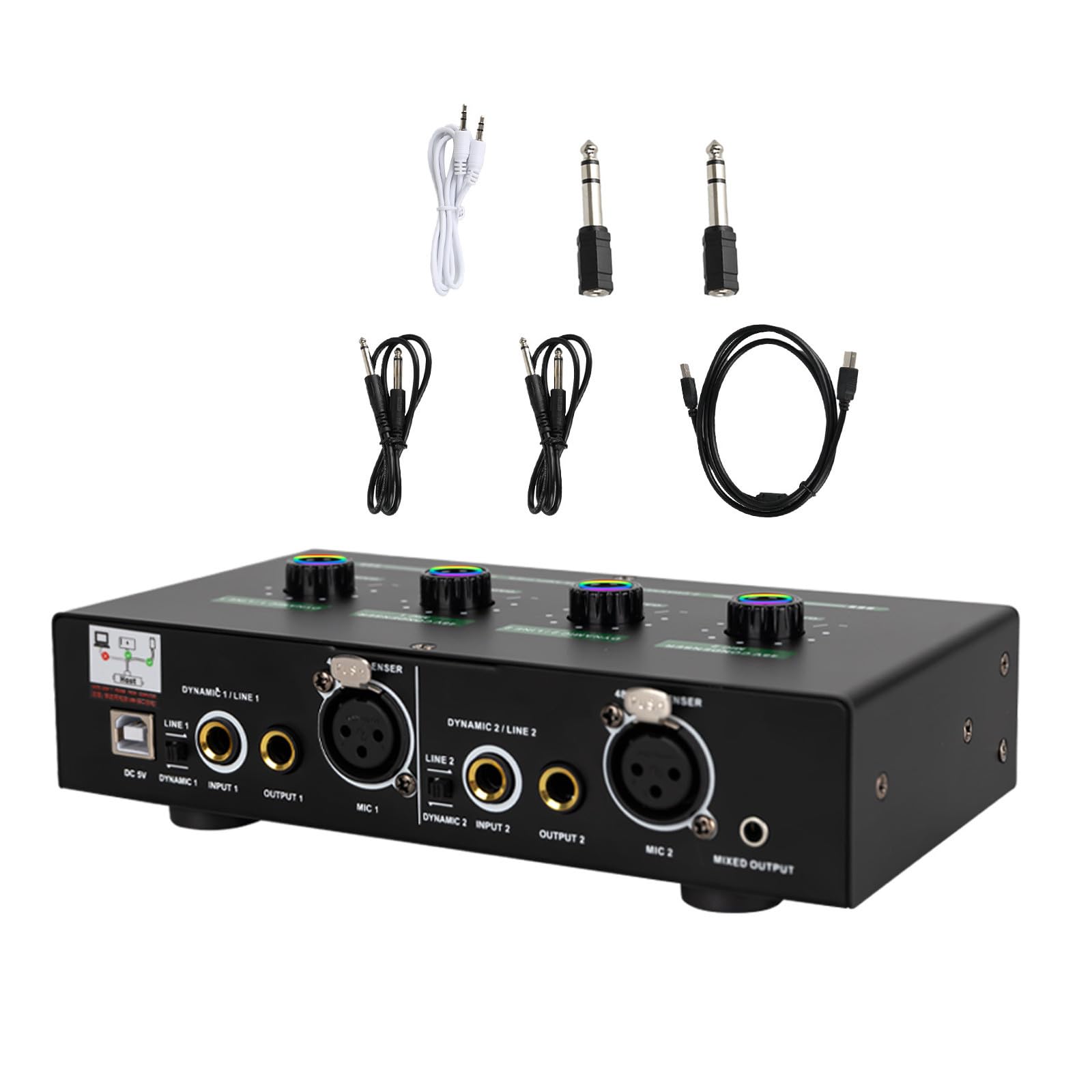 YARNOW Mixer Audio Nero a 2 Vie con Controllo Eco e Volume, Supporta Due Microfoni, Include Set Cavi e Convertitore per Karaoke e Podcast